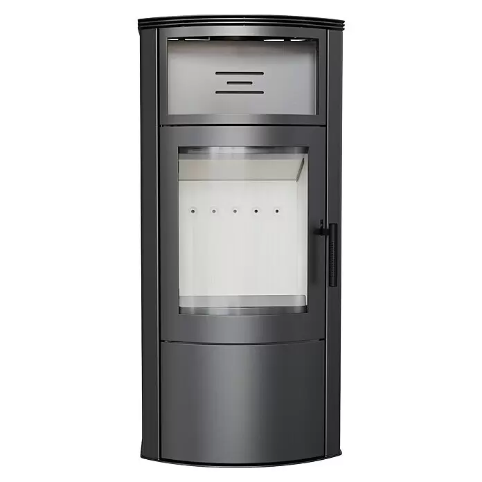 Kratki Kaminofen Titan - 11 kW, Schwarz - Moderner dunkelgrauer Kaminofen mit oberer Lüftung und großer Glastür zur Feueransicht.
