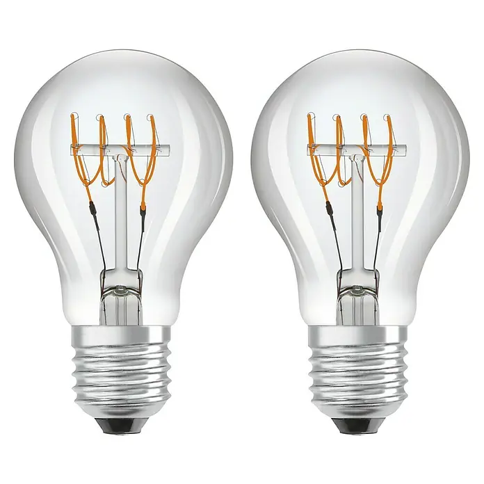 Osram LED-Lampen Set Glühlampenform E27 klar - E27, Nicht Dimmbar, Warmweiß, 600 lm, 5,9 W, Farbe: Klar - Zwei LED-Filament-Glühbirnen im klassischen Design mit klarem Glas und silberfarbenem Sockel, ideal für dekorative Beleuchtung.