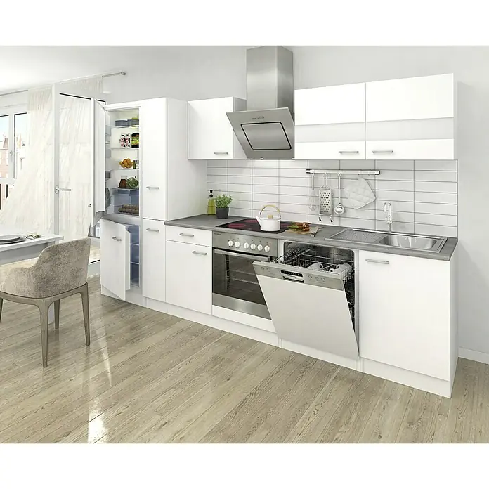 Respekta Küchenzeile Malia - Breite: 310 cm, Weiß, Dekor Arbeitsplatte: Betonoptik, Mit Elektrogeräten, Volumen Backofen: 72 l - Helle Küche mit weißen Möbeln, inklusive Kühlschrank, Geschirrspüler und Dunstabzugshaube, die ein modernes Küchendesign verkörpern.