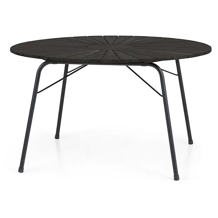 Mesa de jardín redonda Hardi - Ø x Al: 150 x 73 cm, Acero/Polywood, Negro - Imagen de una mesa de jardín redonda con tapa de madera oscura y estructura metálica negra, ideal para exteriores.