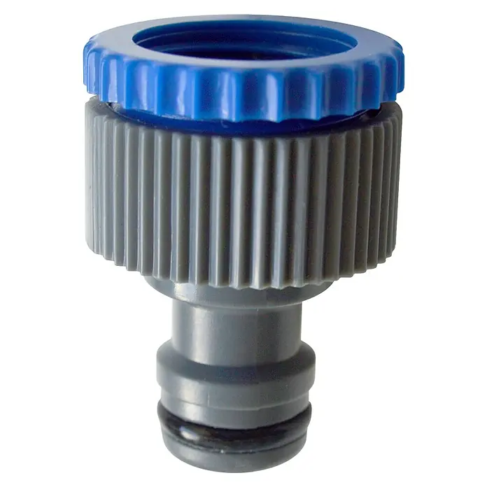 Kit de manguera en espiral Eva - Largo: 15 m, Plástico - Primer plano de un conector de manguera de plástico en tonos azules y grises sobre un fondo negro.