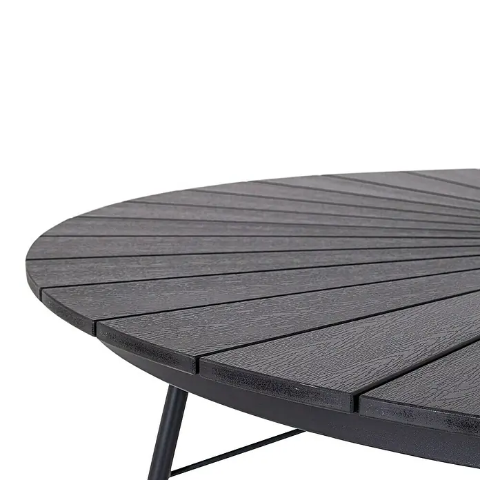 Mesa de jardín redonda Hardi - Ø x Al: 150 x 73 cm, Acero/Polywood, Negro - Primer plano de una mesa redonda para exteriores con tablero de aspecto de madera oscura y estructura metálica, ideal para cualquier patio.