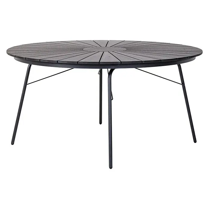 Mesa de jardín redonda Hardi - Ø x Al: 150 x 73 cm, Acero/Polywood, Negro - Elegante mesa redonda de jardín con diseño de listones y estructura de metal fina. Ideal para relajarse al aire libre.