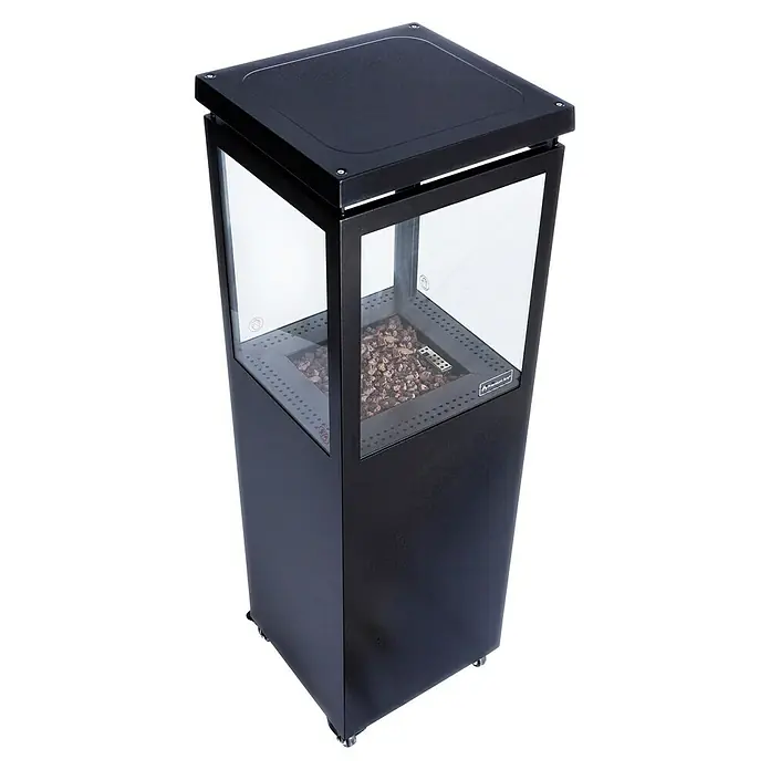 Estufa de exterior París - Potencia calorífica: 6,5 kW, Altura: 132,5 cm - Elegante estufa de patio negra con estructura de vidrio y rocas de lava, creando un ambiente acogedor para exteriores.