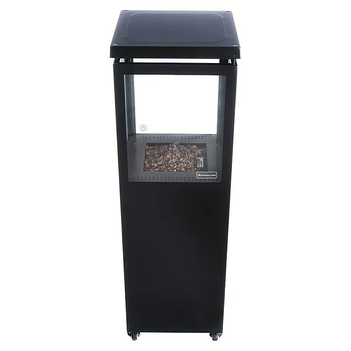 Estufa de exterior París - Potencia calorífica: 6,5 kW, Altura: 132,5 cm - Calentador de patio oscuro con piedras de lava y ventanas de vidrio. Una solución de calefacción exterior elegante y funcional.