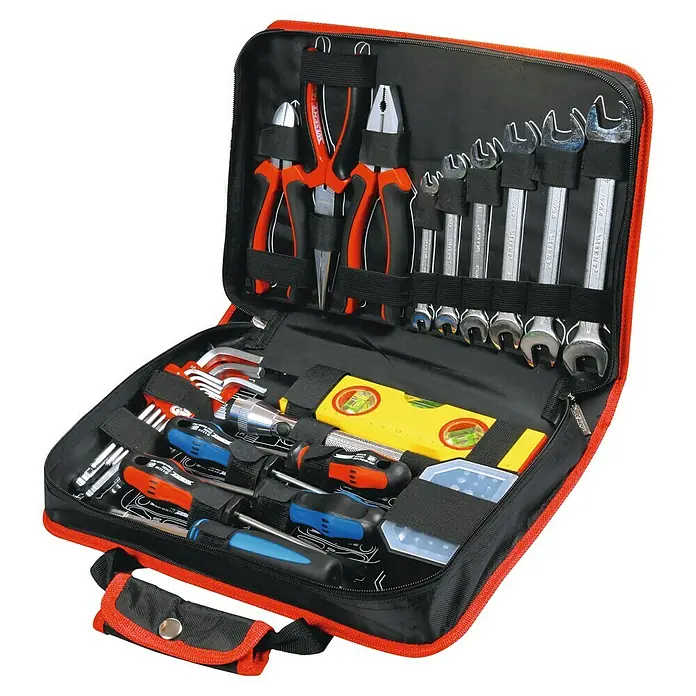 Wisent Werkzeugkoffer Servicebag - L x B x H: 340 x 230 x 74 mm, 56 -tlg. - Werkzeugkoffer mit einer Auswahl an Werkzeugen wie Schraubendrehern, Zangen, Schraubenschlüsseln, Inbusschlüsseln und einer Wasserwaage.