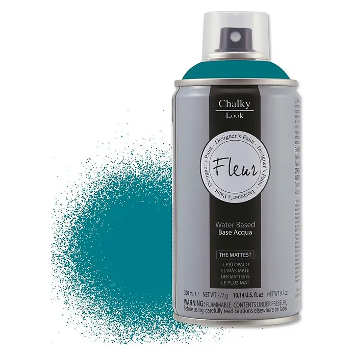 Fleur Pintura decorativa en spray Chalky Look - Miss Petronila, Mate, 300 ml - Bote de spray Fleur Chalky Look en color verde azulado. Pintura en spray a base de agua para un acabado mate y similar a la tiza. Ideal para DIY y muebles.