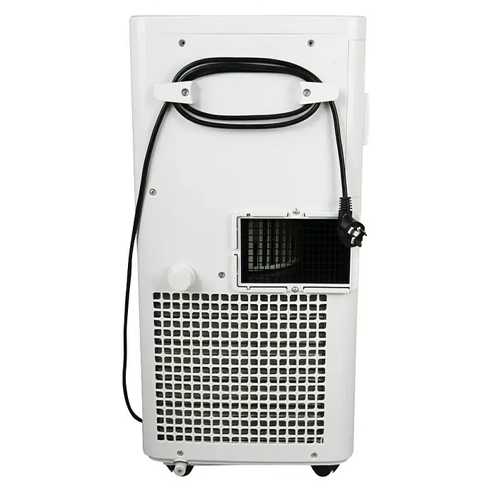 Fulmo Aire acondicionado portátil Basic 7000 - 2.050 W, Tamaño de la estancia: 15 m², Blanco - Vista trasera de un aire acondicionado portátil mostrando detalles como el cable de alimentación y la rejilla de ventilación.