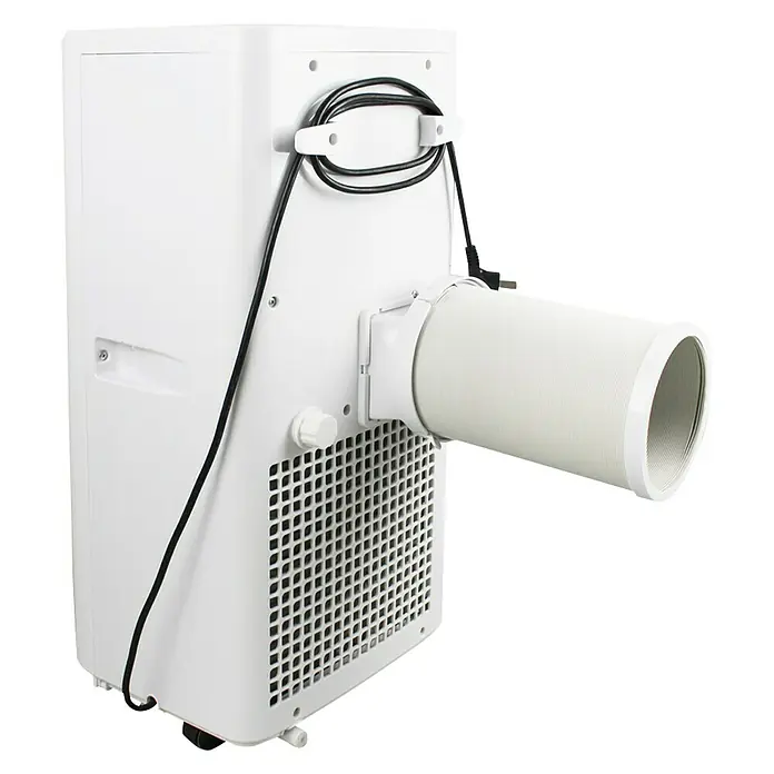 Fulmo Aire acondicionado portátil Basic 7000 - 2.050 W, Tamaño de la estancia: 15 m², Blanco - Imagen de un aire acondicionado portátil con una manguera de escape conectada a la parte posterior. La unidad es blanca, y tiene un cable de alimentación negro.