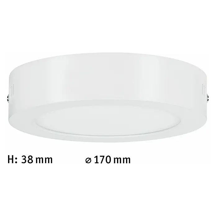 Paulmann LED-Deckenleuchte rund Lunar - 12,5 W, Ø x H: 17 x 3,8 cm, Weiß, Warmweiß - Nahaufnahme einer runden, weißen LED-Deckenleuchte mit Abmessungsangaben, die ein klares, modernes Design zeigt.