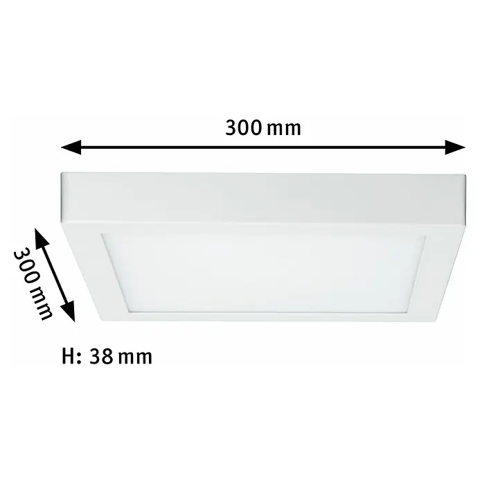 Paulmann LED-Deckenleuchte Lunar - 16 W, L x B x H: 30 x 30 x 3,8 cm, Weiß, Warmweiß - Abbildung einer quadratischen LED-Deckenleuchte in Weiß mit den Maßen 300 x 300 x 38 mm.