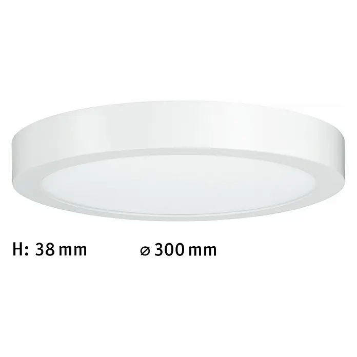 Paulmann LED-Deckenleuchte rund Lunar - 15 W, Ø x H: 30 x 3,8 cm, Weiß, Warmweiß - Nahaufnahme einer runden, weißen Deckenleuchte mit den Maßen H: 38 mm und Ø 300 mm.