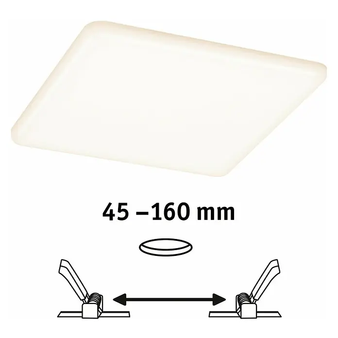 Paulmann LED-Panel Veluna VariFit - 17 W, L x B x H: 18,5 x 18,5 x 3,1 cm, Satin, Warmweiß - Abbildung einer quadratischen LED-Deckenleuchte mit Montageanleitung, die eine einfache Installation des Produkts zeigt.