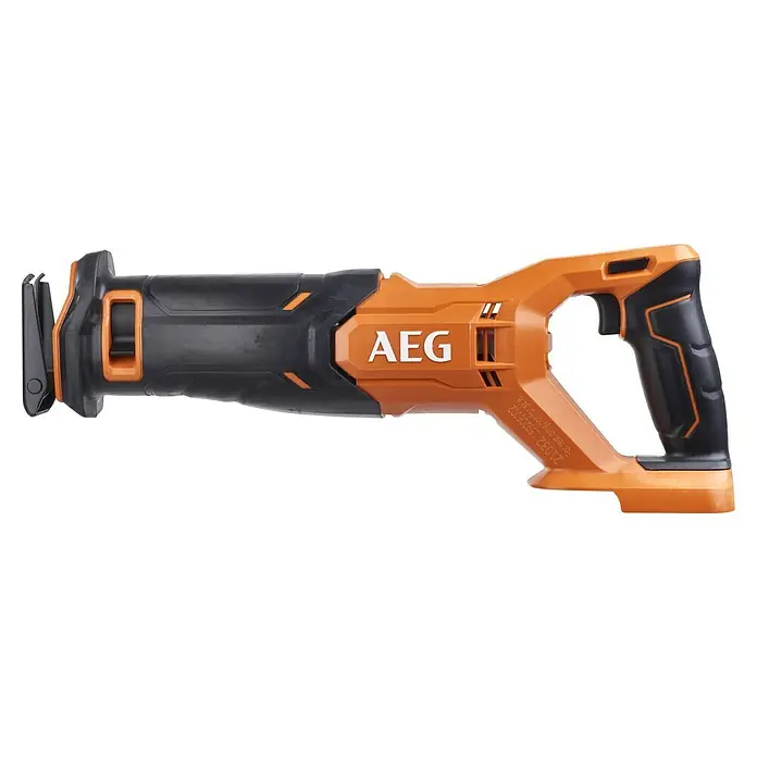 AEG Pro 18V Akku-Säbelsäge BUS18C2-0 - 18 V, Ohne Akku, 0 /min - 3.600 /min - Nahaufnahme einer AEG Säbelsäge in Orange und Schwarz, die für Profis und Heimwerker entwickelt wurde.