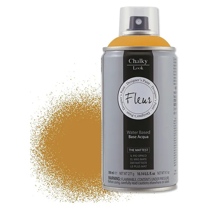 Fleur Pintura decorativa en spray Chalky Look - Amarillo Ocre, Mate, 300 ml - Bote de pintura en aerosol Fleur Chalky Look en amarillo mostaza, ideal para proyectos DIY y muebles. A base de agua y mate.