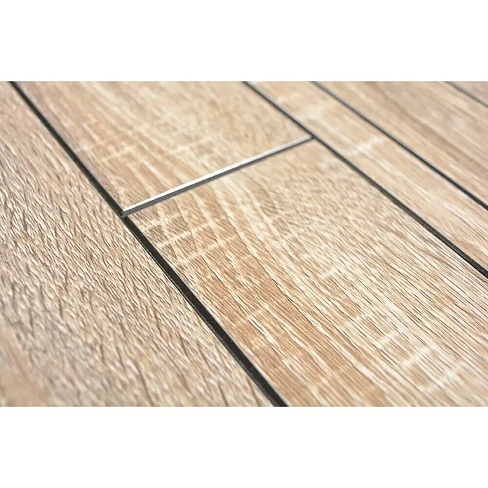 Selbstklebemosaik SAM 4GV57WGS - 30 x 30 cm, Grau, Matt - Das Bild zeigt einen Detailausschnitt von hellem Laminatboden, der eine natürliche Holzoptik und eine angenehme Haptik vermittelt.