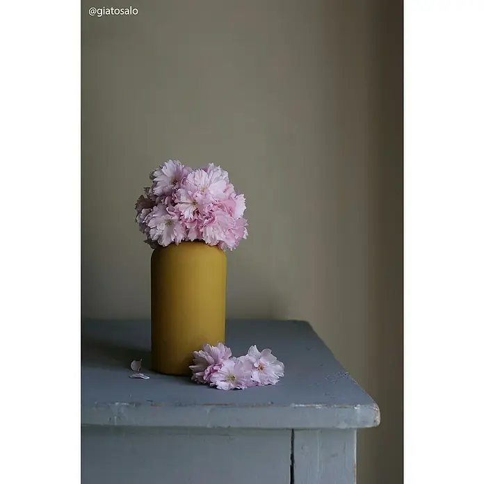 Fleur Pintura decorativa en spray Chalky Look - Amarillo Ocre, Mate, 300 ml - Flores de cerezo rosas en un jarrón amarillo, dispuestas sobre una mesa de madera azul grisáceo, creando un ambiente sereno y natural.