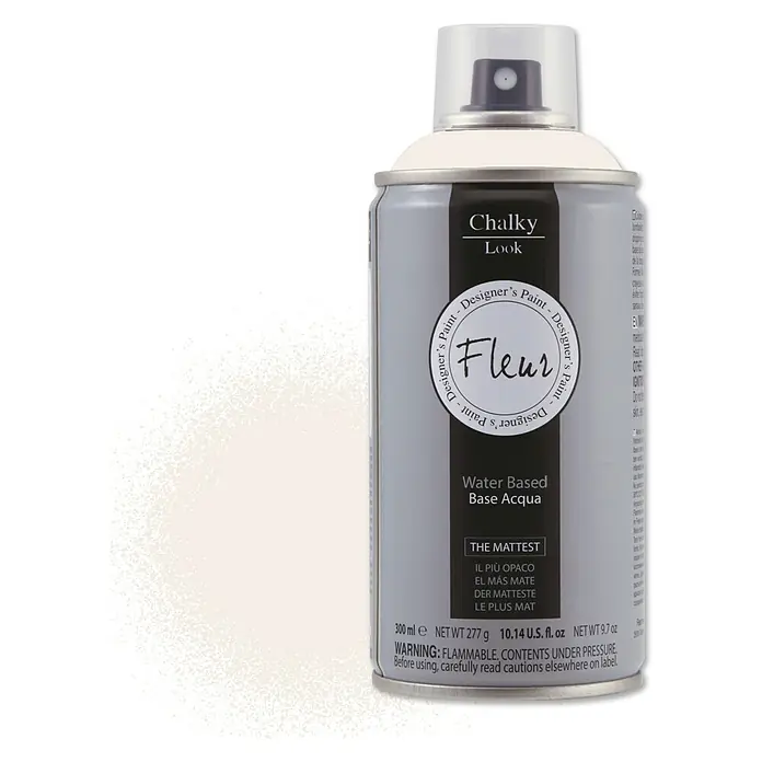 Fleur Pintura decorativa en spray Chalky Look - Cream Love, Mate, 300 ml - Imagen detallada de un aerosol gris "Fleur Chalky Look" con letras blancas y una tapa protectora transparente.