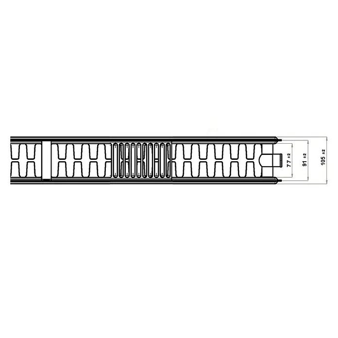 Kompaktheizkörper - B x H: 600 x 600 mm, Wärmeleistung bei Vorlauftemperatur von 75 °C (D: 50): 992 W, Typ Heizkörper: 22 - Produktabbildung mit Maßen. Das Produkt ist ein längliches Bauelement mit regelmäßigen Aussparungen und zwei glatten Seiten.
