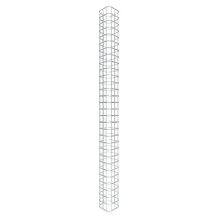 Gabiona Gabionensäule - 17 x 17 x 150 cm, Stahl, Maschenbreite: 50 mm, Maschenhöhe: 50 mm - Nahaufnahme eines modernen, hohen Gebäudes mit komplexem, silbernem Gitterdesign und vielen rechteckigen Fenstern.