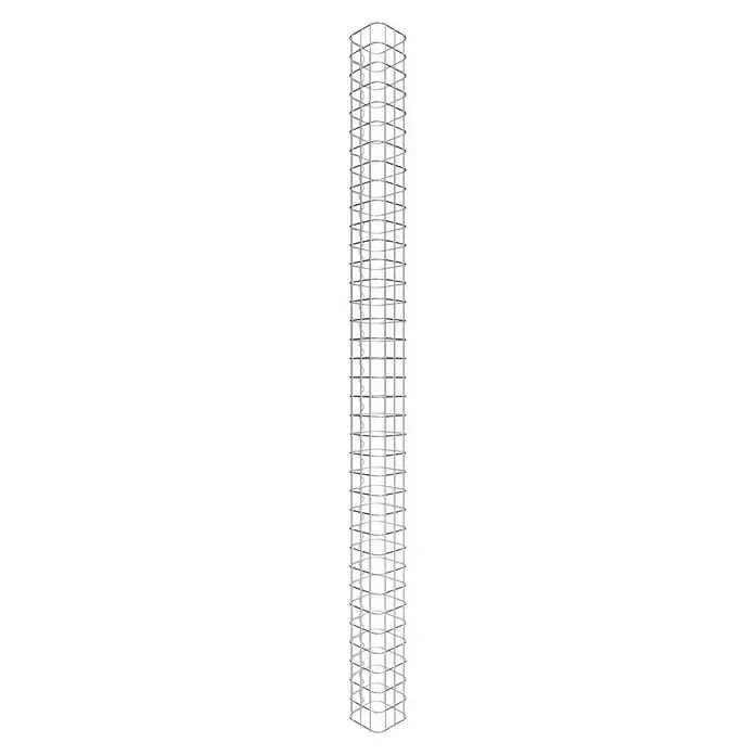 Gabiona Gabionensäule - 17 x 17 x 180 cm, Stahl, Maschenbreite: 50 mm, Maschenhöhe: 50 mm - Nahaufnahme eines silbernen, skelettartigen Gebäudes mit quadratischen und rechteckigen Öffnungen, das seine moderne Bauweise hervorhebt.