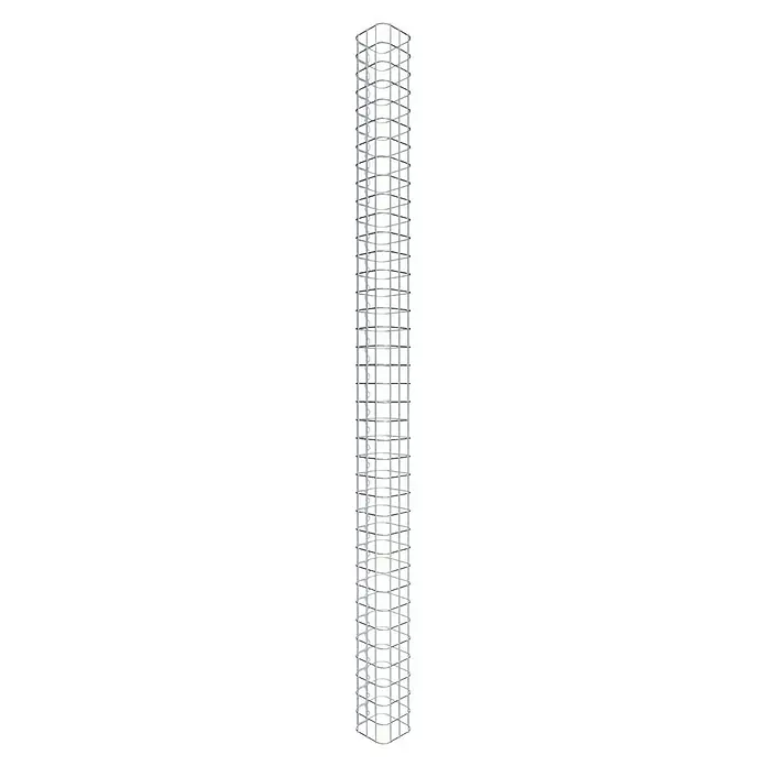 Gabiona Gabionensäule - 17 x 17 x 190 cm, Stahl, Maschenbreite: 50 mm, Maschenhöhe: 50 mm - Abstraktes Bild eines modernen Wolkenkratzers mit Stahlrahmen, der seine filigrane Struktur und architektonische Details hervorhebt.