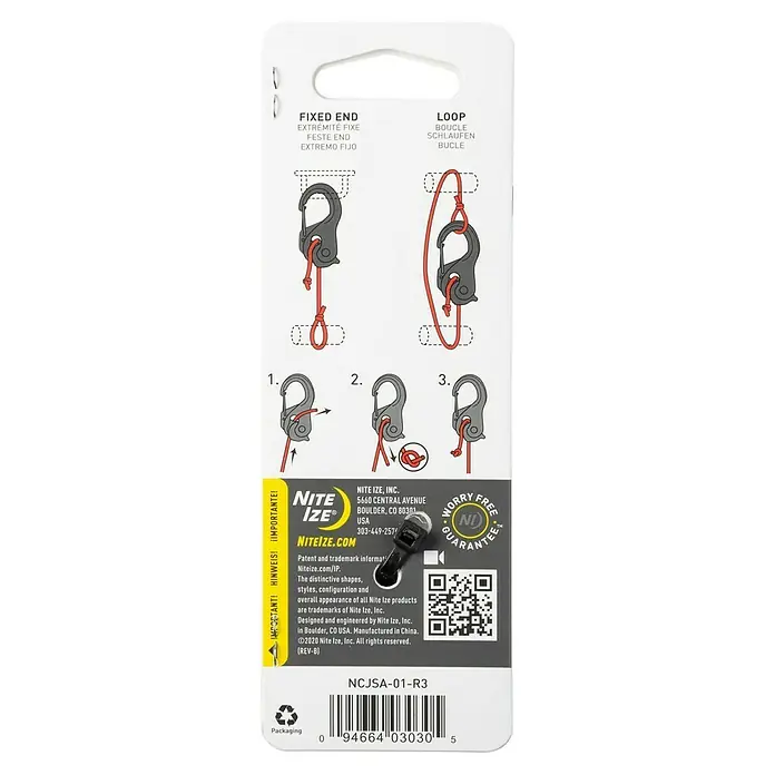 Nite Ize Karabinerhaken CamJam XT - Aluminium - Verpackung des Nite Ize Zubehörs mit Anweisungen zur Befestigung eines Karabiners mit einer Schnur.