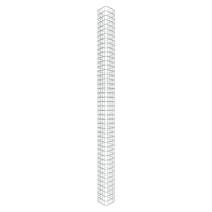 Gabiona Gabionensäule - 22 x 22 x 220 cm, Stahl, Maschenbreite: 50 mm, Maschenhöhe: 50 mm - Das Bild zeigt ein hohes, modernes Gebäude mit einer markanten, gitterartigen Fassade. Die Architektur des Gebäudes ist minimalistisch und abstrakt.