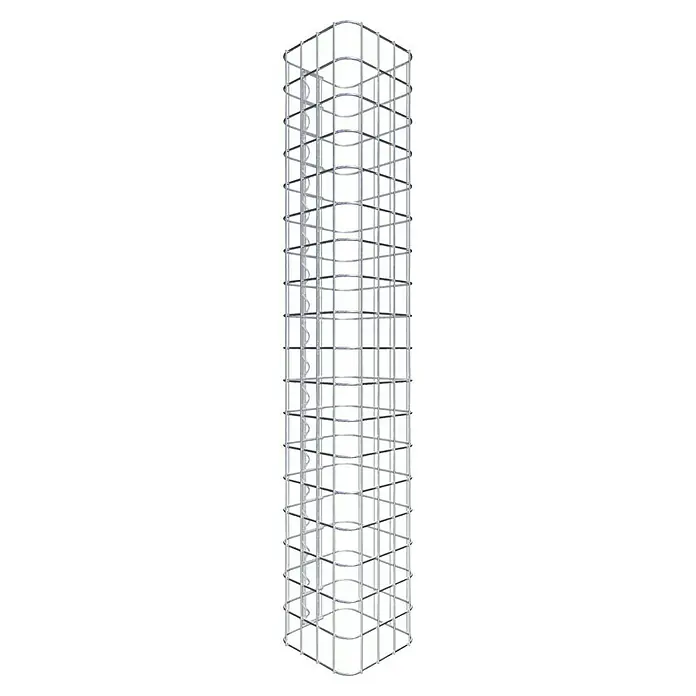 Gabiona Gabionensäule - 22 x 22 x 90 cm, Stahl, Maschenbreite: 50 mm, Maschenhöhe: 50 mm - Aufnahme eines Turms aus Metall, der ein spiralförmiges Element enthält und auf einem schwarzen Hintergrund steht.
