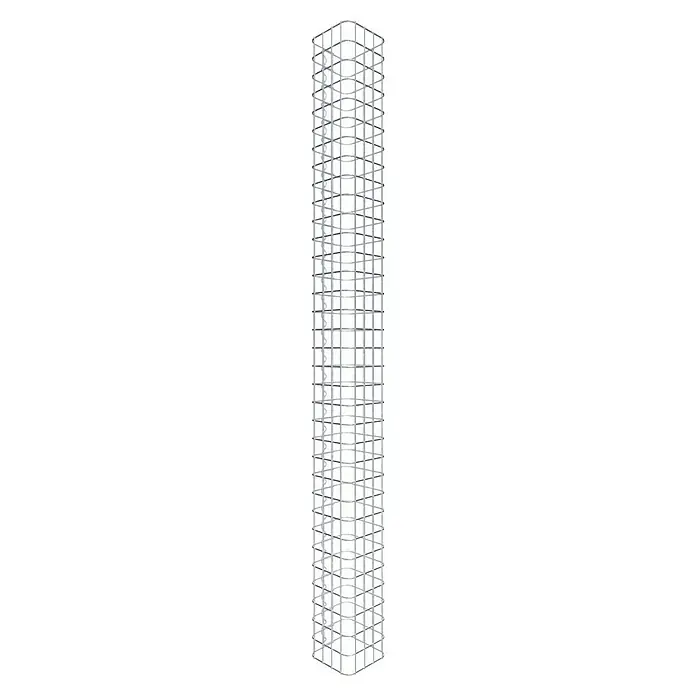 Gabiona Gabionensäule - 22 x 22 x 170 cm, Stahl, Maschenbreite: 50 mm, Maschenhöhe: 50 mm - Ansicht eines silbernen Bausatzes, der ein hohes Gebäude darstellt. Das Gebäude hat eine offene Struktur mit rechteckigen Öffnungen.
