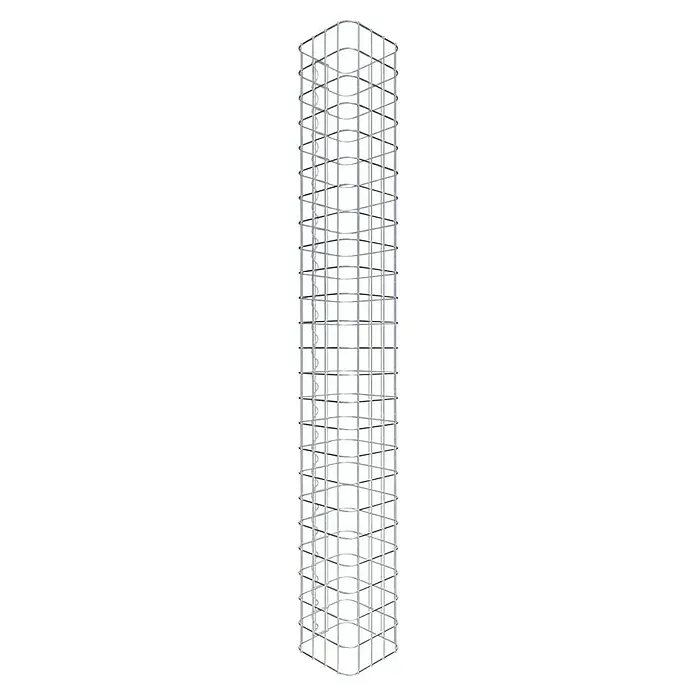 Gabiona Gabionensäule - 22 x 22 x 120 cm, Stahl, Maschenbreite: 50 mm, Maschenhöhe: 50 mm - Aufnahme eines hoch aufragenden Gebäudes mit einer Metallstruktur, die ein modernes und industrielles Design widerspiegelt.