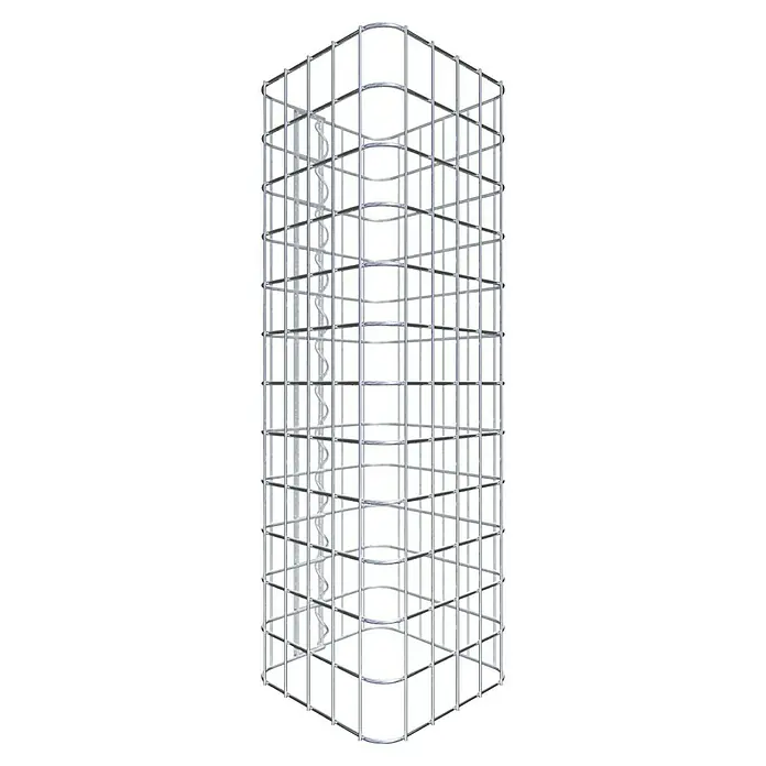 Gabiona Gabionensäule - 27 x 27 x 60 cm, Stahl, Maschenbreite: 50 mm, Maschenhöhe: 50 mm - Das Bild zeigt einen vertikalen, dreieckigen Metallrahmen mit einer spiralförmigen Struktur im Inneren, ideal für den Innen- oder Außenbereich.
