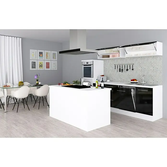 Respekta Premium Cocina de isla Amanda - Ancho: 280 cm, Blanco/Negro, Con electrodomésticos - Una cocina moderna con una isla blanca, gabinetes negros y alacenas blancas.