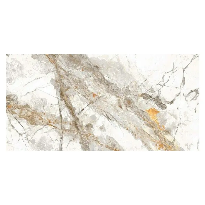 Feinsteinzeugfliese Marble Visage - 60 x 120 cm, Weiß/Grau/Gold, Glänzend - Elegante Marmorfliese mit auffälliger Maserung in Grau- und Goldtönen. Ideal für stilvolle Innenräume und eine luxuriöse Atmosphäre.