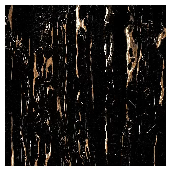 Feinsteinzeugfliese Vegas - 60 x 60 cm, Schwarz, Glänzend - Schwarze Marmorstruktur mit reichen goldenen und bronzenen Adern.