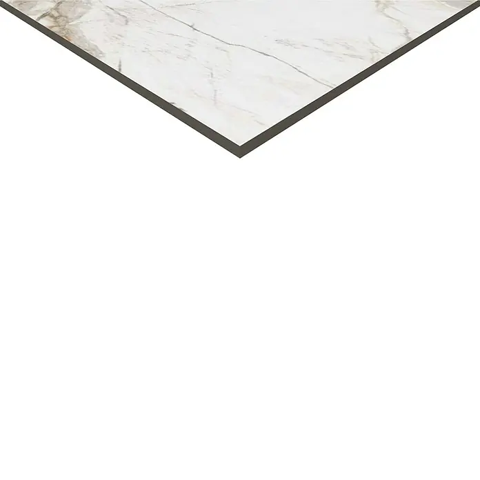 Feinsteinzeugfliese Marble Visage - 60 x 120 cm, Weiß/Grau/Gold, Glänzend - Nahaufnahme einer stilvollen, glatten Marmorfliese mit feinen Maserungen, ideal für moderne Innenräume.