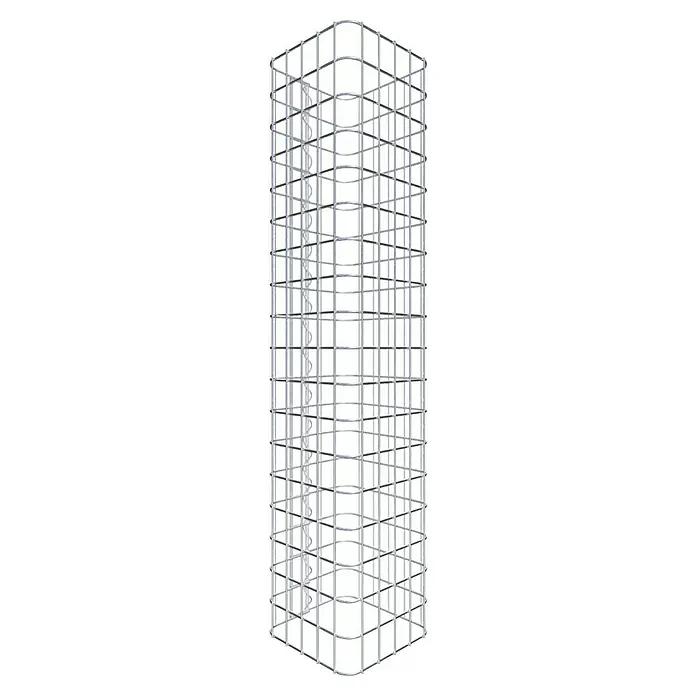 Gabiona Gabionensäule - 27 x 27 x 90 cm, Stahl, Maschenbreite: 50 mm, Maschenhöhe: 50 mm - Darstellung eines dreidimensionalen Gitterturms. Das Metallgerüst zeigt ein wiederholendes Muster aus Quadraten und Halbkreisen.