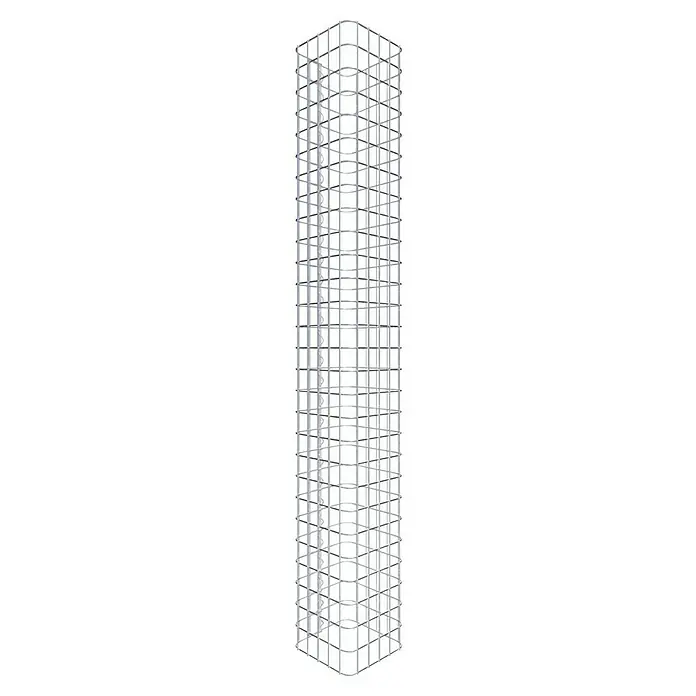 Gabiona Gabionensäule - 27 x 27 x 140 cm, Stahl, Maschenbreite: 50 mm, Maschenhöhe: 50 mm - Dreidimensionales Modell eines Hochhausgerüsts mit gleichmäßiger Rasterstruktur und silberner Farbgebung.
