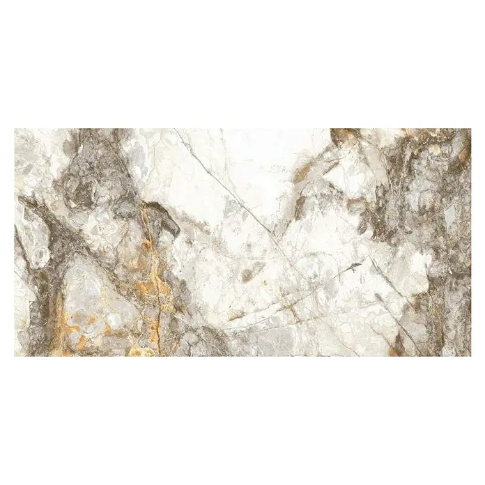 Feinsteinzeugfliese Marble Visage - 60 x 120 cm, Weiß/Grau/Gold, Glänzend - Hochwertige Marmorfliese mit komplexen, grauen und braunen Mustern, ideal für elegante Innenräume. Die Fliese bietet eine luxuriöse und dauerhafte Oberfläche.