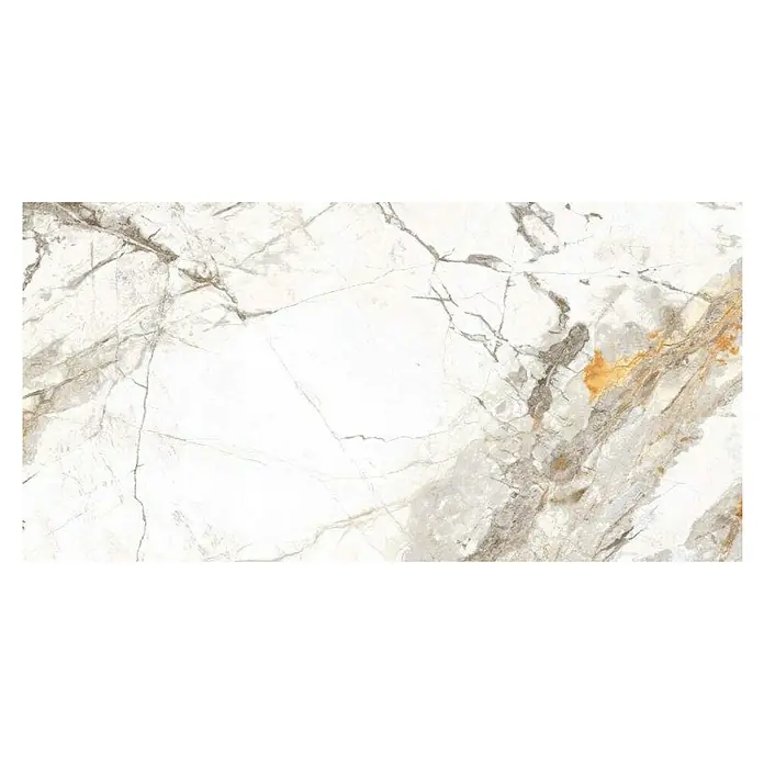 Feinsteinzeugfliese Marble Visage - 60 x 120 cm, Weiß/Grau/Gold, Glänzend - Elegante Marmorfliese in Weiß mit grauen und goldenen Akzenten. Ideal für stilvolle Innenräume, die Luxus und Helligkeit vereinen.