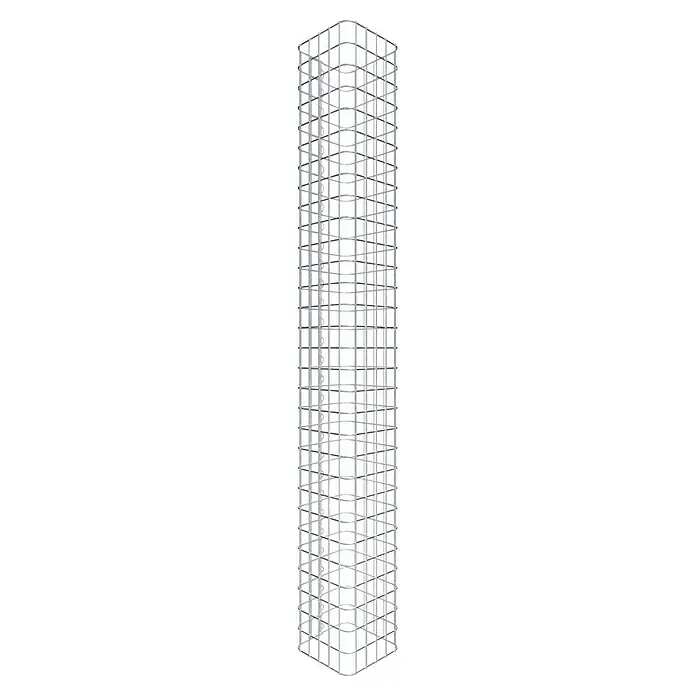 Gabiona Gabionensäule - 27 x 27 x 150 cm, Stahl, Maschenbreite: 50 mm, Maschenhöhe: 50 mm - Ein Turmgerüst aus grauem Metall mit quadratischen Öffnungen.