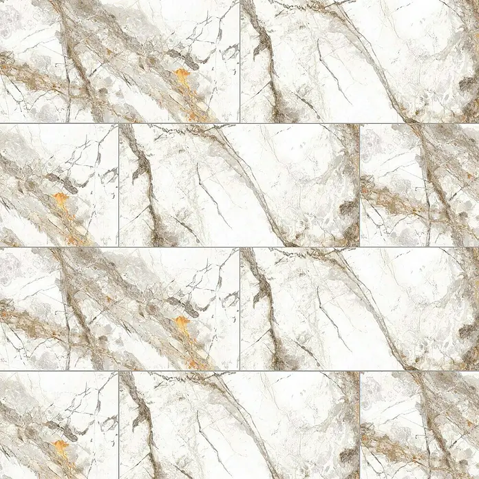 Feinsteinzeugfliese Marble Visage - 60 x 120 cm, Weiß/Grau/Gold, Glänzend - Nahaufnahme von Marmorfliesen mit einem einzigartigen Muster aus weißen und braunen Farbtönen.
