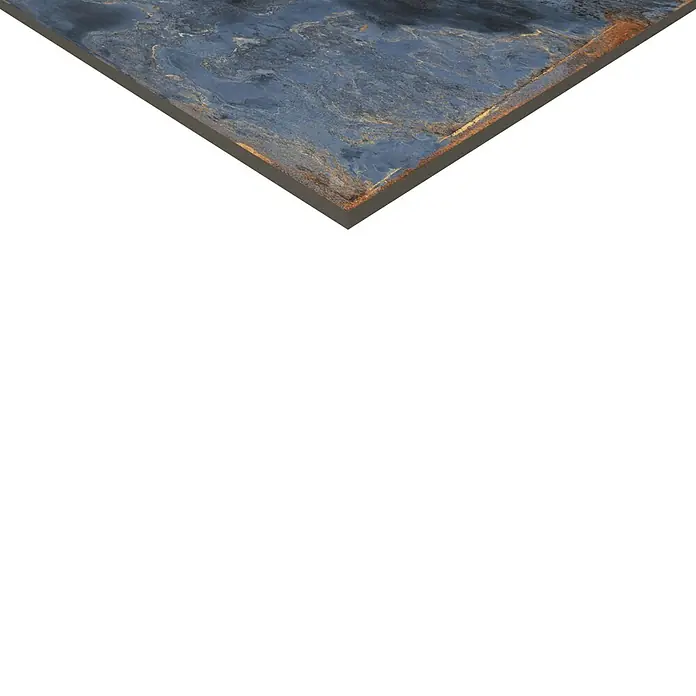 Feinsteinzeugfliese Oxyde - 60 x 120 cm, Blau, Glänzend - Detailaufnahme einer Fliese mit abstrakten blauen und goldenen Mustern, ideal für moderne Innenräume.