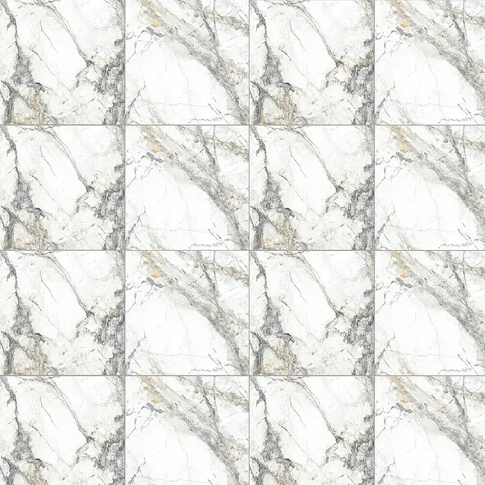 Feinsteinzeugfliese Marble Visage - 60 x 60 cm, Weiß/Grau, Glänzend - Muster aus quadratischen Marmorfliesen in Weiß mit grauen Adern, ideal für moderne Innenräume.