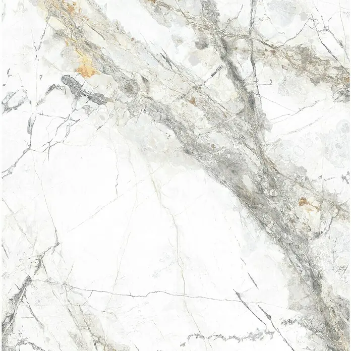 Feinsteinzeugfliese Marble Visage - 60 x 60 cm, Weiß/Grau, Glänzend - Detailaufnahme einer weißen Marmorplatte mit grauen und goldenen Adern, ideal für hochwertige Innenraumgestaltung.
