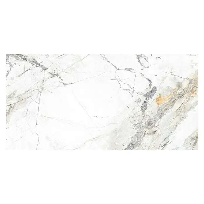 Feinsteinzeugfliese Marble Visage - 60 x 120 cm, Weiß/Grau, Glänzend - Ein rechteckiger heller Marmorstein mit feinen grauen und goldenen Maserungen, ideal für elegante Innenräume.