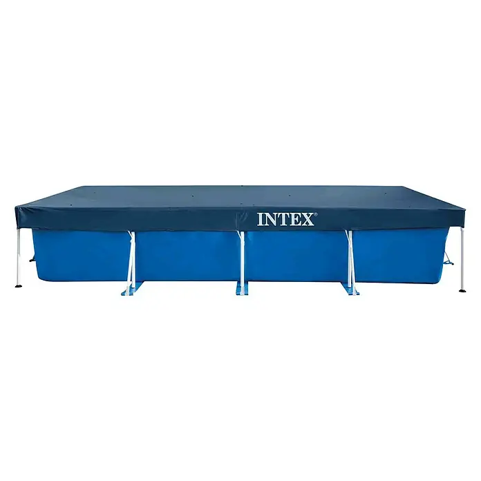 Intex Pool-Abdeckplane - 460 x 226 cm - Rechteckiger Intex Pool mit blauer Plane und weißen Stützen, ideal für sommerlichen Badespaß im Garten.
