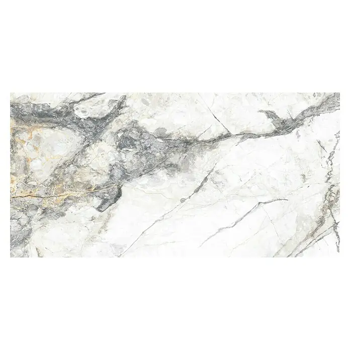 Feinsteinzeugfliese Marble Visage - 60 x 120 cm, Weiß/Grau, Glänzend - Elegante Marmorplatte in Weiß- und Grautönen mit filigranen Adern, die ein luxuriöses und edles Erscheinungsbild verleihen.