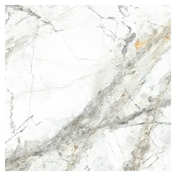 Feinsteinzeugfliese Marble Visage - 60 x 60 cm, Weiß/Grau, Glänzend - Helle Marmorfliese mit grau-goldenen Adern, ideal für elegante Innenräume. Das dezente Muster verleiht jedem Raum eine luxuriöse Note.