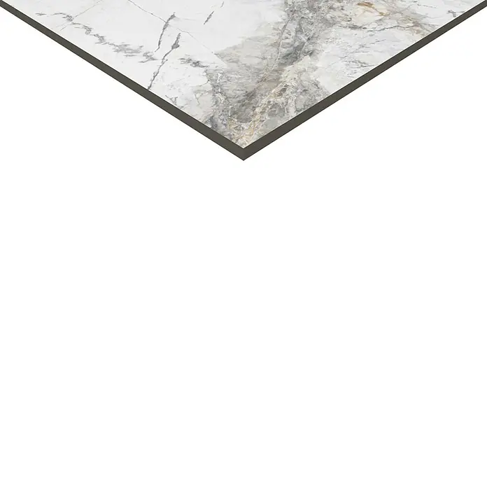 Feinsteinzeugfliese Marble Visage - 60 x 60 cm, Weiß/Grau, Glänzend - Detailaufnahme einer Marmorfliese mit grauen und weißen Maserungen, ideal für moderne Innenräume.